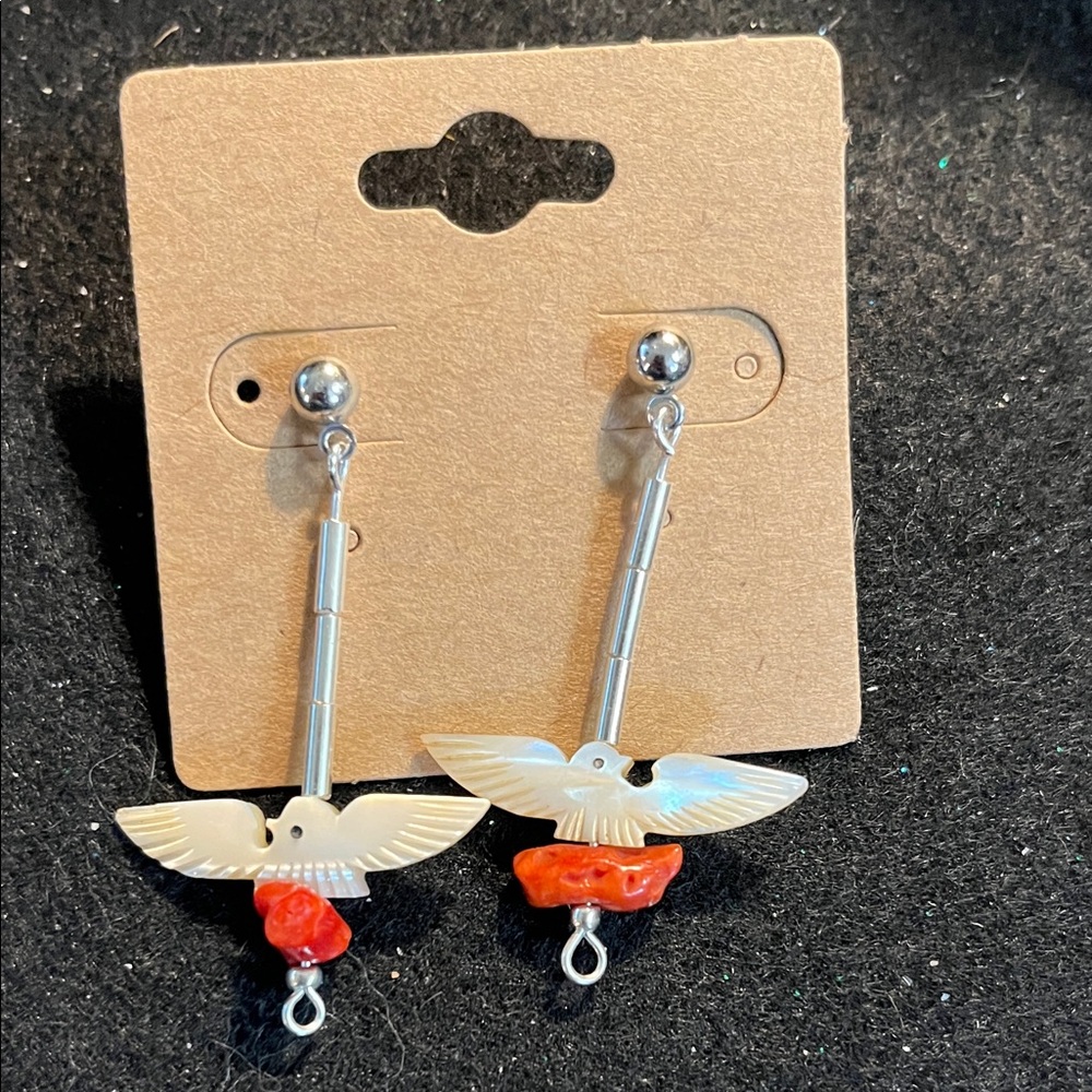 Shell Silver and Red Bird Dangle Earrings